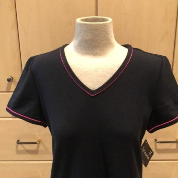 Iannella Tops - Black V-Neck Top with Pink Trim